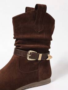 Coffee Pleated Strap Buckle Slip-On Low Heel Round Toe Comfortable Versatile Elegant Daily Commute Office Fashion Mid-Calf Boots For Women - Coffee Brown - View 5