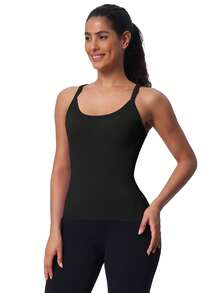 Athletic Tank Top For Women With Built In Bra, Sleeveless Gym Tops Seamless Racerback Workout Yoga Shirts - 黑色 - 查看 2