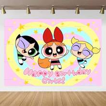 1PC Cartoon Powerpuff Girls Birthday Party Theme Photography Background Decoration Banner Baby Baptism Party Photo Props