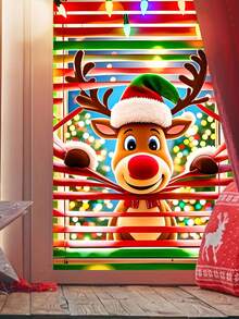 1pc Christmas Window Decoration, Reindeer Santa Snowman Pattern Background Cloth, Indoor/Outdoor Decor, Suitable For Christmas Theme Party Hanging Decor, No Power Needed, Winter Home Decor, Christmas Decoration, Not Sticker - Multicolor - View 8