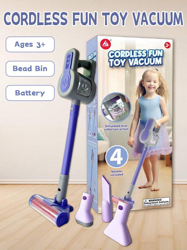 Kids Toy Vacuum Cleaner For Ages 3+ – Battery-Powered Pretend Play Vacuum With Realistic Sounds, Spinning Brush, Bead Bin & Interchangeable Nozzles