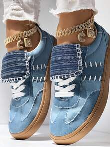 女士蓝色休闲运动鞋，系带舒适轻便平底鞋，学院风帆船鞋，开学季新品 - 藍色 - 查看 9