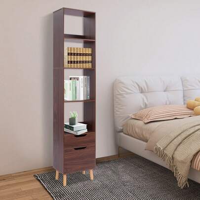 OUKANING Moderner Stehregal Bücherregal Nussbraun – 4-stufiges Offenes Regal + Schublade + Unterschrank, Stabiler Belastbarkeit bis 40kg, für Wohnzimmer Schlafenzimmer Büro