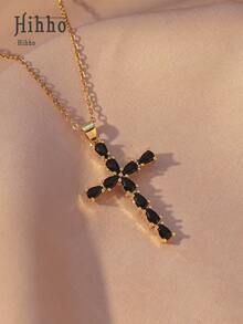 Hihho 1 件黑色不锈钢十字架项链，时尚唇链十字架吊坠首饰 - 十字 - 查看 3