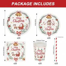 105 Pcs Christmas-Themed Disposable Tableware Set, Featuring Santa Claus And Little Bell Designs. This Party Set Includes Disposable Paper Plates, Cups, Straws, And Decorations With A Cute Christmas Background Style, Perfect For Christmas Parties, Birthday Parties, And Other Celebrations.