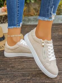 Women's New Blue Snake Skin Pattern Classic Side Zipper Casual Shoes, Fashion Versatile Lace-Up Platform Sneakers, Thick Sole Increase Height, Suitable For Students, Running, Hiking, Skateboarding - Beige - View 5