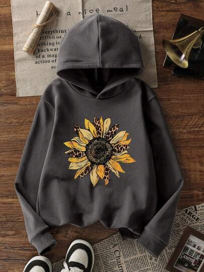 1pc Tween Girl Thermal Lined Warm Sunflower Sweatshirt, Youth Student Autumn/Winter Long Sleeve Top