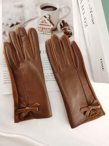 1 Pair Women's Short Touchscreen Gloves, Solid Color Elegant Polyester Bow Quilted Short Touchscreen Gloves, Suitable For Everyday Wear In Autumn/Winter