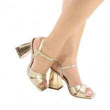 Women's Bride Sandal With Cross Strap, Metallic Block Heel, 9cm, Luxury Colors, Comfortable, Square Toe - Rusty Rose - View 3