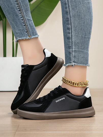 大码女式韩版休闲低帮运动鞋，百搭日常小白鞋，适合旅行散步，尺码 36-43，黑色，卡其色