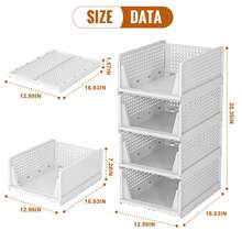 Phyllia 4 件装衣柜收纳整理箱，可堆叠塑料折叠抽屉篮，适用于厨房橱柜、食品储藏室、办公室、卧室、浴室，白色。可收纳衣柜内各种物品，也可将轻便物品存放于多个位置。可堆叠塑料收纳篮，可折叠衣柜整理箱，4 件装抽屉架收纳盒，适用于衣柜、厨房、浴室、办公室、宿舍，白色。