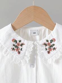 Young Girl Floral Embroidery Long Sleeve Shirt, Back To School Season, Autumn/Spring