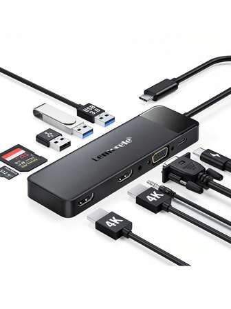 Lemorele 十合一 USB C 集线器扩展坞 4K @30HZ HDMI VGA USB A 3.0 2.0 音频端口