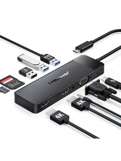 Lemorele 十合一 USB C 集线器扩展坞 4K @30HZ HDMI VGA USB A 3.0 2.0 音频端口