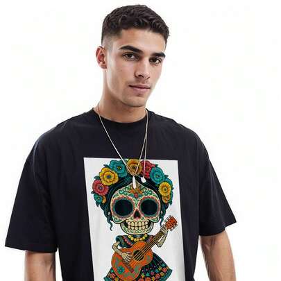 Playeras Hombre Estampado Calavera con Flores y Guitarra Tradicional Mexicana Día de Muertos Camiseta de manga corta con cuello redondo y estampado gr