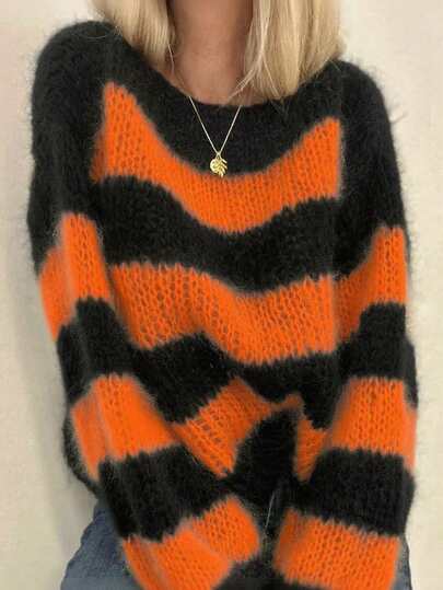 New Arrival Women Casual Fashion Colorblock Striped Fuzzy Crew Neck Knit Pullover Sweater