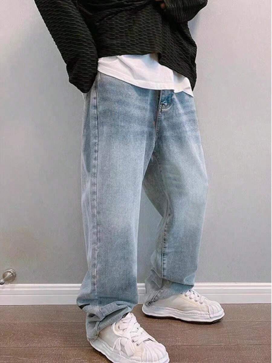 男士 Y2K 直筒休闲水洗牛仔裤，简约黑色牛仔裤