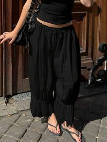 女士舒适百搭秋冬蕾丝拼布灯笼七分裤 - 黑色 - 查看 4