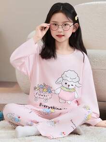 2pcs/Set Flame Retardant Girls Pink Cartoon Sheep Print Crew Neck Long Sleeve Pajama Set