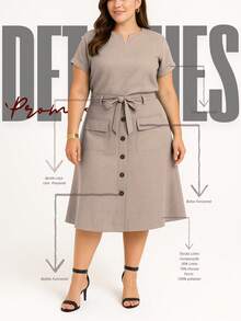 Women's Plus Size Linen Set, Basic Blouse And Midi Skirt, Social Evangelical Fashion, Cargo Pocket With Buttons And Bow - 米色 - 查看 2