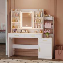 HaluPeit 39.3''  Vanity Desk With HD Mirror And Lights,  Makeup Vanity With Power Strip, 3 Drawers And 9 Storage Shelves, Storage Behind The Mirror, DressingTable With Bedside Table, White - View 4