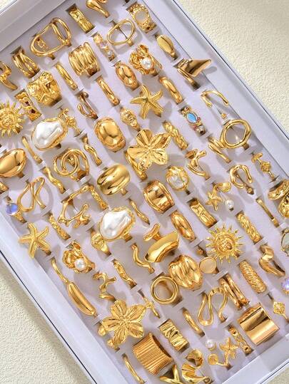 Conjunto de anéis femininos de liga com 14/20 peças de pérolas artificiais incrustadas, estilos mistos elegantes de flores e estrelas do mar, anéis abertos ajustáveis de várias peças para festa, casamento, uso diário, joias da moda, presente, sortimento aleatório