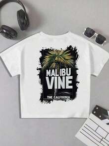 T-shirt con stampa palma Malibu , T-shirt da uomo con stampa fronte-retro, alla moda, casual, girocollo, in cotone 220 g/m2 (1 pezzo)