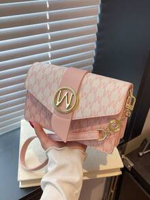 Letter Print Multi-Compartment Flap Shoulder Bag For Women - Pink - View 1