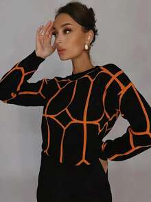 Plus Size Women Geometric Pattern Round Neck Drop Shoulder Long Sleeve Casual Pullover Sweater, Autumn/Winter