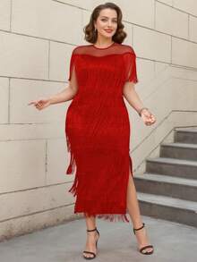 AOMEI Elegant Women's Long Red Tassel Fitted Dress, Round Neck Design, Contrast Mesh Short Sleeves, Perfect For Attending Parties, Christmas And New Year Events - Red - View 1