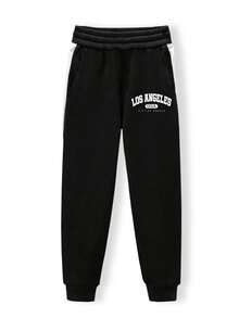 1 szt. Luźne, uniwersalne spodnie dresowe dla chłopców w jednolitym kolorze z nadrukiem liter, z ozdobnym polarem, wiosna/jesień - Czarne - Zobacz 5