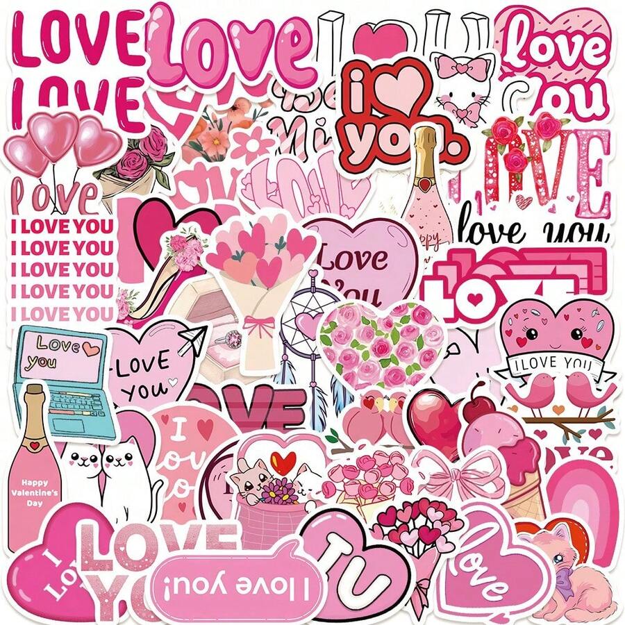 50 Cartoon Pink Valentine's Day Themed Stickers Cute Fresh Decorative Suitcase Guitar Helmet Waterproof Stickers, Halloween, Back To School Label Processing Stickers