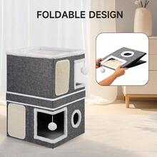 2Storey Cat House For Indoor Cats Separate Into 2 Large Cat Bed Cave With Hideaway Condos Scratch Pads Hanging Balls Foldable Indoor Cat House Hold Up To 30LBS Cat Cube For Multiple Cats Kitten - 灰色 - 查看 7