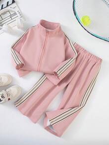 Set de 2 piezas de top con cuello alto a rayas y pantalones acampanados para niñas, estilo casual, ajuste holgado y elegante para otoño/invierno