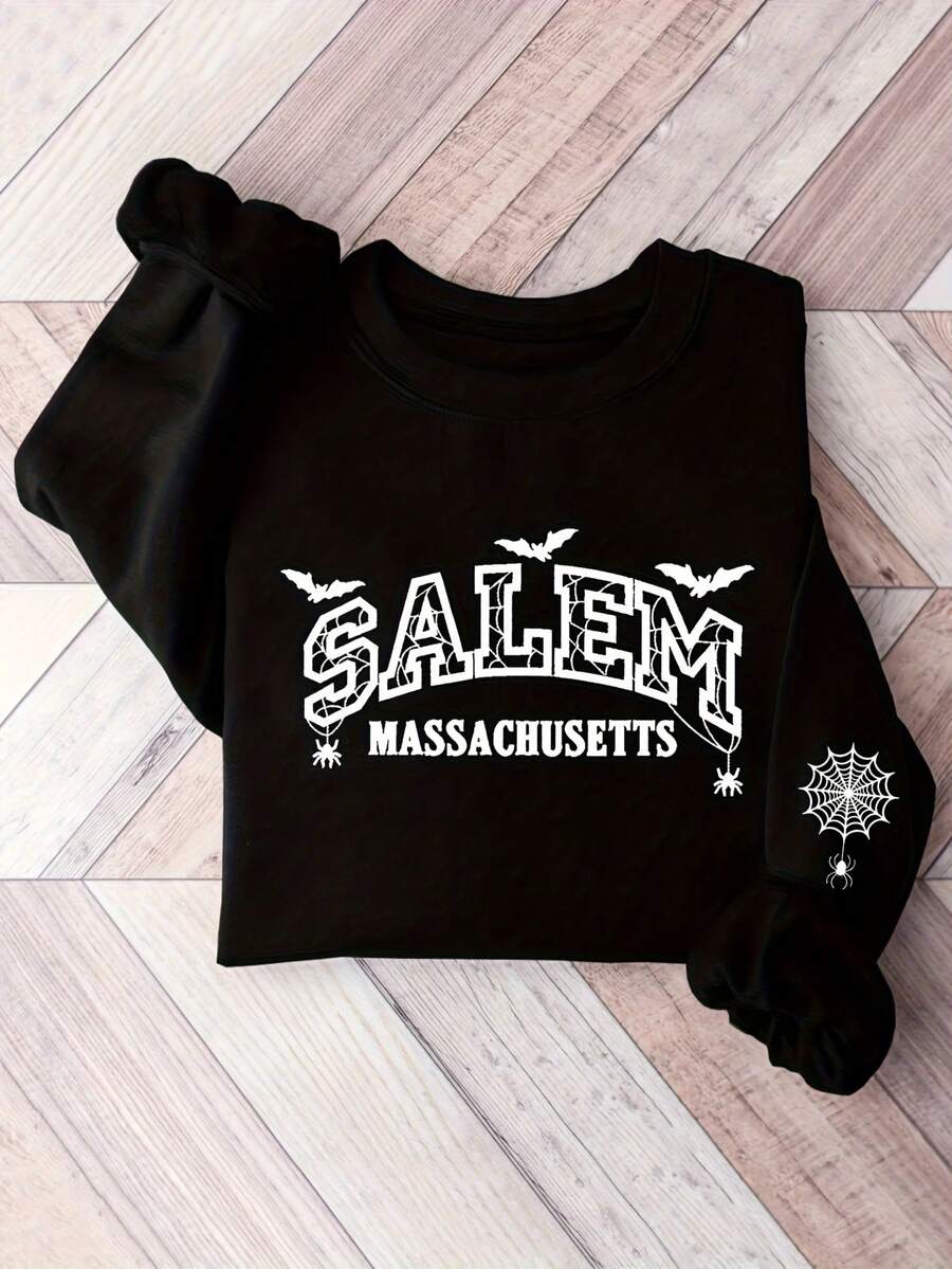 Women's With Pumpkin, Bat, Witch Hat And Tombstone Printed Sweatshirt - Cozy Fall/Winter Pullover, Long Sleeves, Crew Neck, Casual, Perfect For Halloween Party Outfits, Everyday Fall Fashion And Fall/Winter Outfits, Playful Design, Soft Fabric, Comfortable Material, Fashion Apparel