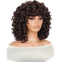 DZfirst Halloween And Christmas Chocolate Brown16 Inch Curly Wigs Short Curly Wig With Bangs Heat Resistant Synthetic Fiber Hair Cosplay Wigs
