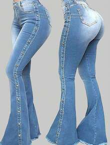 Women's Jeans, Y2K Fashion Women's Wear, Tight-Fitting Flared Jeans, Suitable For All Seasons, Decorated With Multiple Denim Side Stripes, Cocktail Party, Party, Christmas, Nightclub, Banquet, Film Festival, Cinema, Dance Party, Cocktail Party, Bar, Wedding, Graduation Ceremony, Back-To-School, Birthday Party, Rebellious Girl, Festival-Themed Party, Outwear, Street Fashion, Fashion Show, Date, Easter, Going Out To Work At University, School, Village, Concert, Street Girl, Young Girl, Country Outfits For Women, Best Outwear For Women, Women's Vacation Clothing, Country Concert Outfit, Country Outfits For Women, Streetwear, Concert Outfit For Women, Boho Women's Clothing, Country Concert Outfit, Concert Outfits, Vaquera Outfit, Y2k Clothes, Women's Club Outfits, Y2k Women's Clothes, Women's Clothing, Country Concert Outfit For Women - Rửa nhẹ - Xem 4