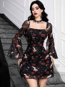 Women's Gothic Elegant Black Halloween Witch Mesh Print Long Sleeve Mini Dress With Square Neckline, Bell Sleeves, Fit And Flare Silhouette - Multicolor - View 4