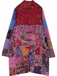 LUZU JUNU Women's Trench Coat Floral Print Long Cotton Linen Jacke Cottagecore Clothing Patchwork Outwear Bohemian Unique - 玫瑰夾克 - 查看 2