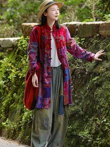 LUZU JUNU Women's Trench Coat Floral Print Long Cotton Linen Jacke Cottagecore Clothing Patchwork Outwear Bohemian Unique - 玫瑰夾克 - 查看 7