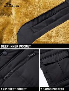 Men's Winter Jacket Water-Resistant Windproof Thicken Parka Snow Skiing Hooded Coat Hiking Camping - Black - View 4