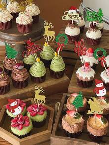 24 件“圣诞快乐”纸杯蛋糕装饰，圣诞树、驯鹿、雪人、雪橇图案纸杯蛋糕装饰，圣诞派对蛋糕装饰 - 彩色 - 查看 3