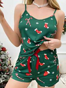 Womens Pajama Sets Christmas Pattern Soft Lingerie Sleepwear 2 Piece Cami Shorts Set Pj Nightwear - 綠色 - 查看 4