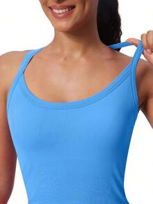 Athletic Tank Top For Women With Built In Bra, Sleeveless Gym Tops Seamless Racerback Workout Yoga Shirts - 藍色 - 查看 6