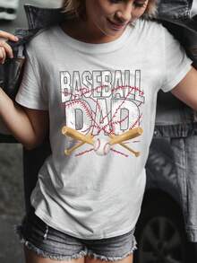 Estampa de pai de beisebol, estilo casual, camiseta feminina de algodão, tamanho europeu, caimento solto, roupa de verão, tema esportivo, ideia de presente