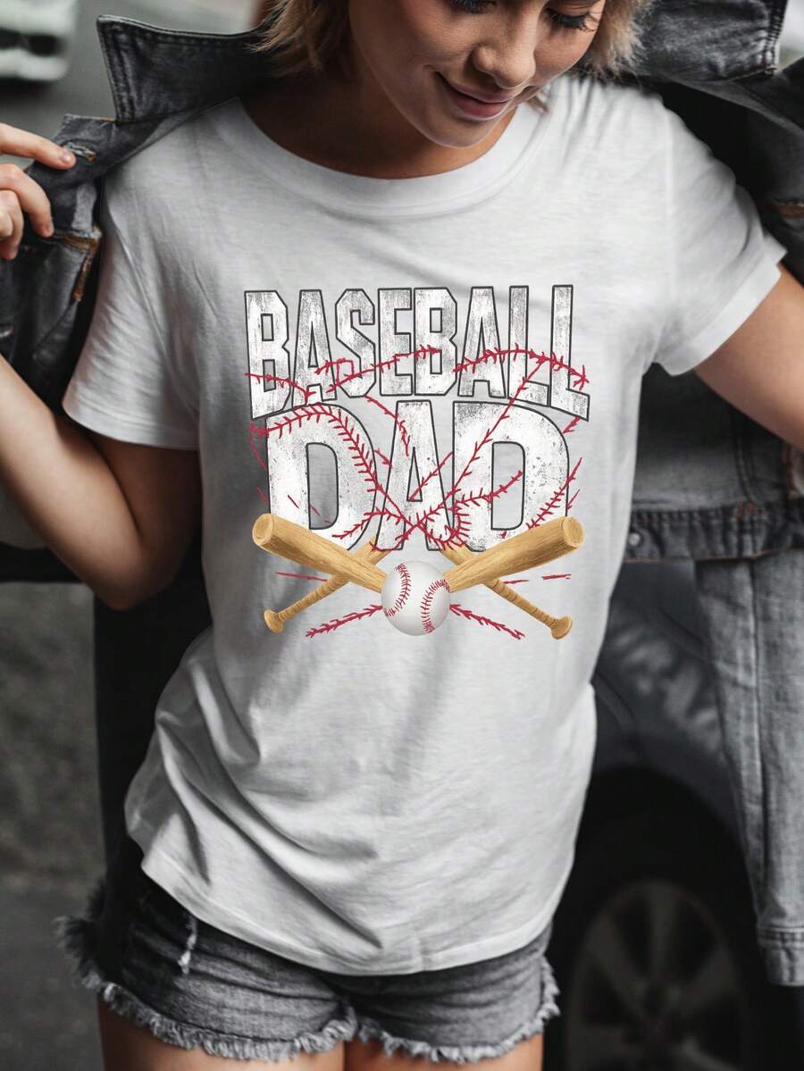 Estampa de pai de beisebol, estilo casual, camiseta feminina de algodão, tamanho europeu, caimento solto, roupa de verão, tema esportivo, ideia de presente