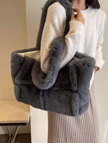 新款秋季米色大容量毛绒托特包，时尚简约设计女士单肩包，适合学生，日常通勤 - 灰色 - 查看 8