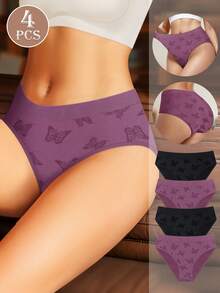 MEIYATING 4 piezas/paquete Bragas cómodas con estampado de acanalado de talle bajo sin costuras para mujer - Multicolor - Ver 2