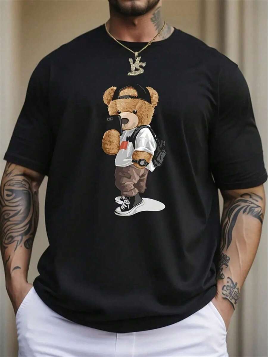 Men's Vintage Cotton T-Shirt-Street Hip-Hop Pattern Bear Print, Loose Crew Neck Plus Size, Outdoor Casual% Soft And Breathable Fabric, Suitable For Wear (Easter, St Patrick's Day), Travel-Friendly Clothing, Fun Pattern Short Sleeve, Durable Casual Clothes, Street Style Fashion, Light Top, Plus Size, Big City Style - 黑色 - 查看 1