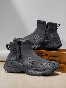 Men's Hiking Boots, Autumn/Winter New High-Top Thick Sole Anti-Slip Zipper Convenient Wear, Gear Tread Mechanical Futuristic Chunky Sneakers For Young Men, Students, Casual, Outdoor, Hiking, Running, Shock Absorption